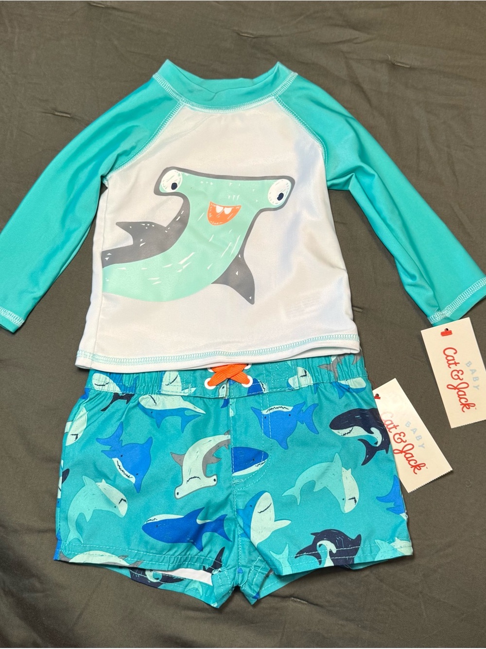 Cat & Jack Baby Teal Shark Rash Guard Set - Teal/White